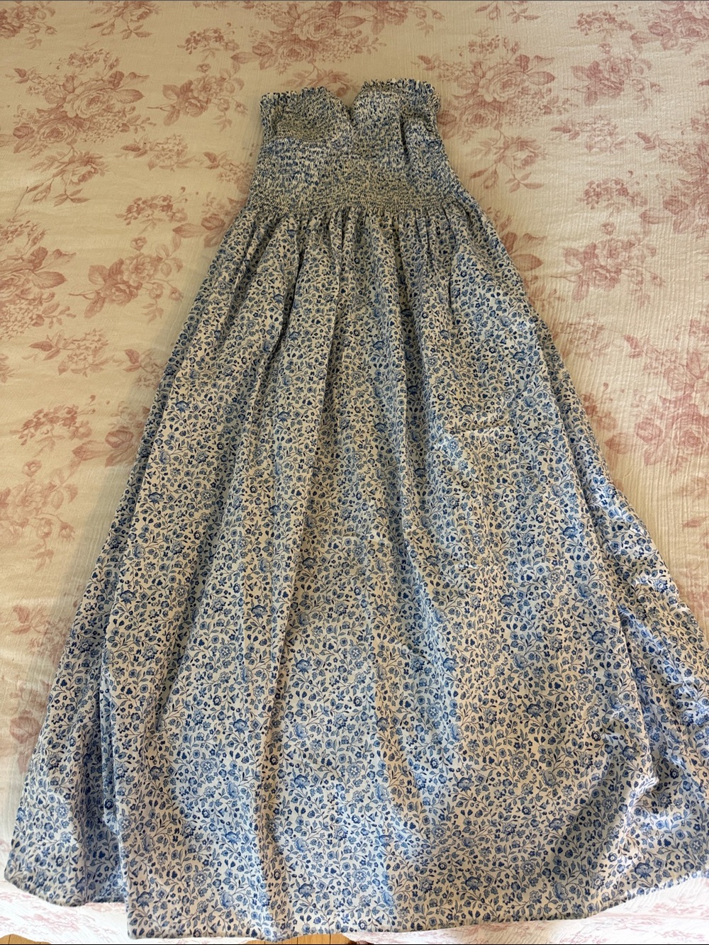 H&M Blue and White Smocked Bodice Midi Dress